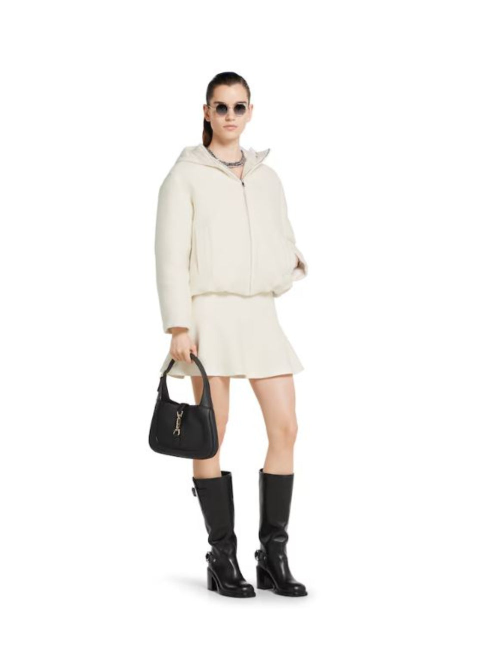 Gucci Women White Wool Bomber Jacket With Fixed Hood And Logo Lettering On The Front GUCCI