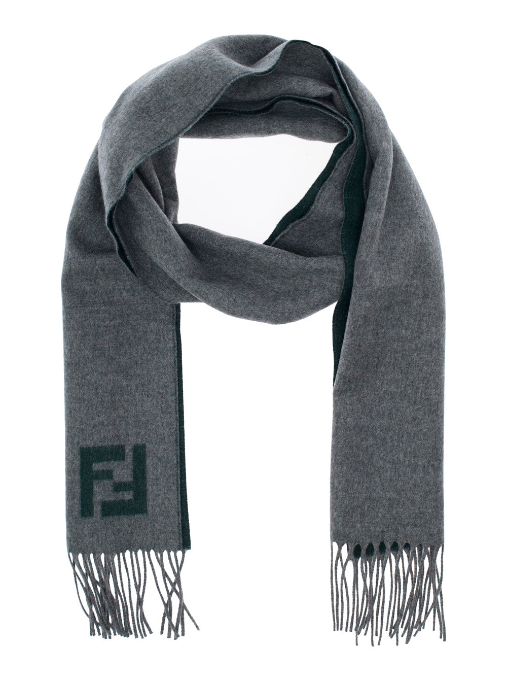 Fendi Men Grey Scarf With Fringed Hem And Ff Embroidery On The Front In Wool And Cashmere Man FENDI