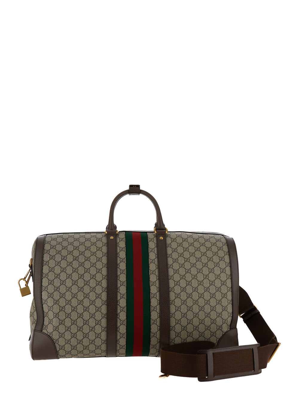 Gucci Men Travel Bag 'Gucci Savoy Grande' With Web Detail In Gg Canvas Beige And Ebony Men GUCCI