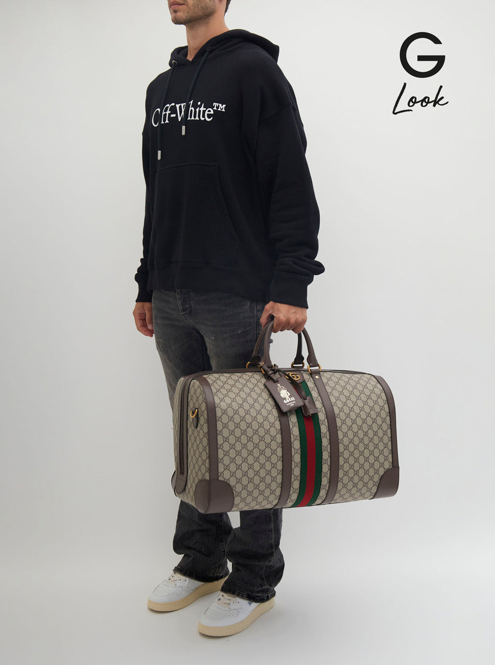 Gucci Men Travel Bag 'Gucci Savoy Grande' With Web Detail In Gg Canvas Beige And Ebony Men GUCCI