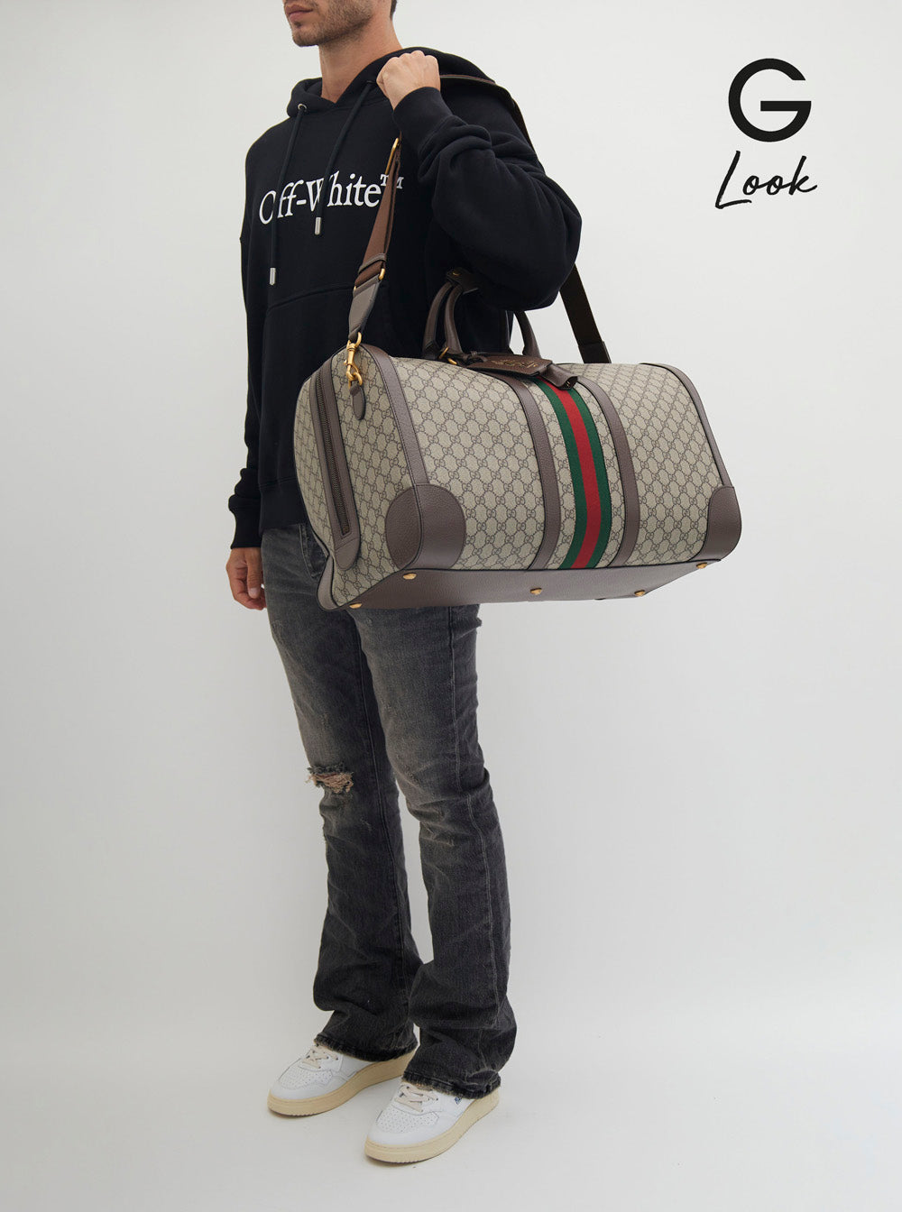 Gucci Men Travel Bag 'Gucci Savoy Grande' With Web Detail In Gg Canvas Beige And Ebony Men GUCCI