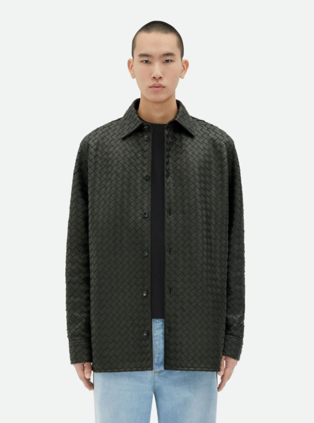 Bottega Veneta Men Oversized Black Woven Leather Jacket For Men BOTTEGA VENETA