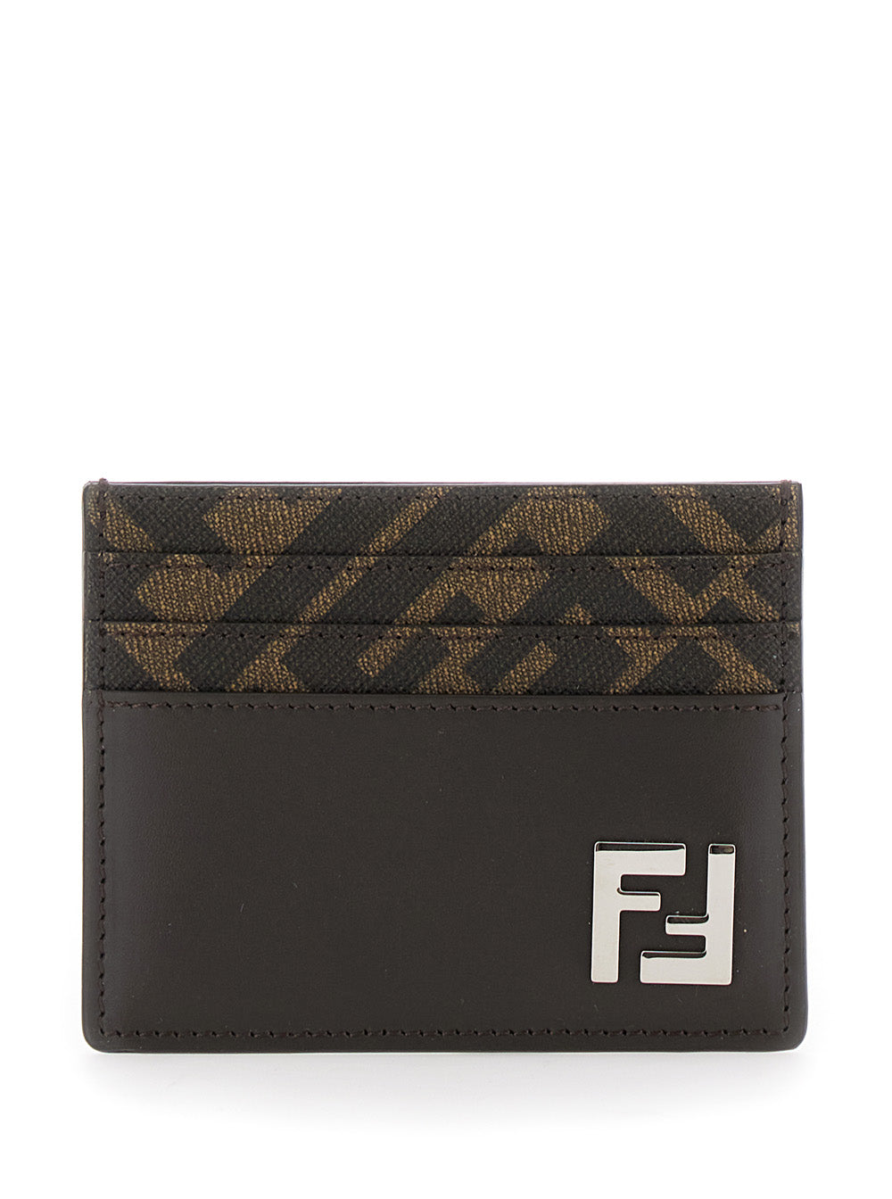 Fendi Men Brown Card-Holder With Squared Ff Motif In Leather And Ff Canvas Man FENDI