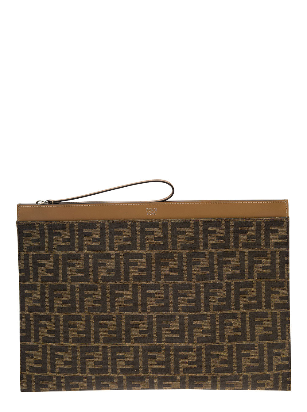 Fendi Men 'Large Ff' Brown Flat Pouch With Jacquard Motif In Cotton Blend Man FENDI