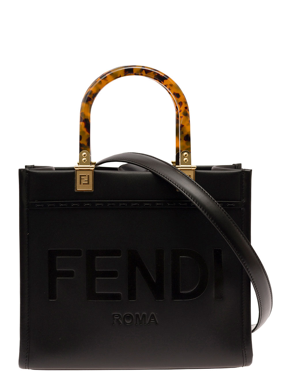 Fendi Women 'Sunshine Small' Black Tote Bag With Embossed Logo And Tortoiseshell Handles In Leather Woman FENDI