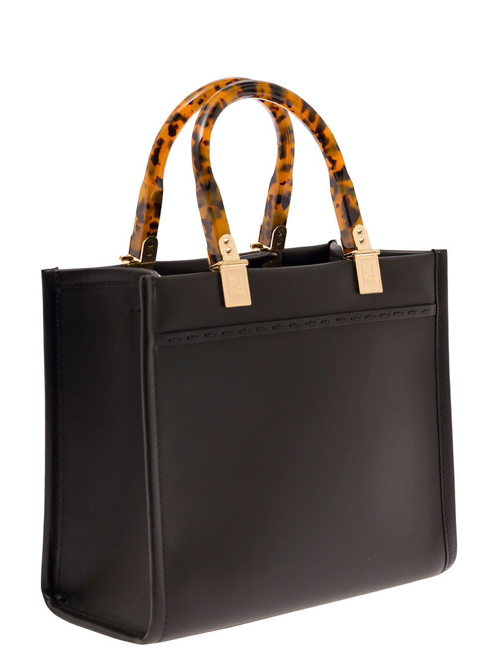 Fendi Women 'Sunshine Small' Black Tote Bag With Embossed Logo And Tortoiseshell Handles In Leather Woman FENDI