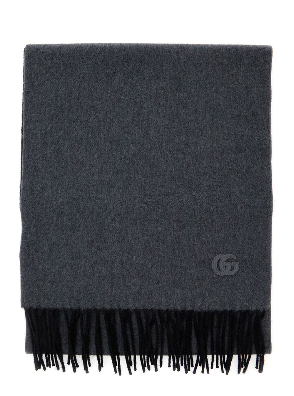 Gucci Men Grey Scarf With Gg Patch On The Front And Fringed Hem In Cashmere Man GUCCI