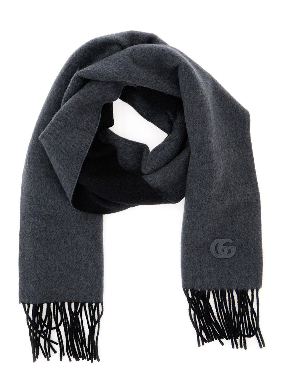 Gucci Men Grey Scarf With Gg Patch On The Front And Fringed Hem In Cashmere Man GUCCI
