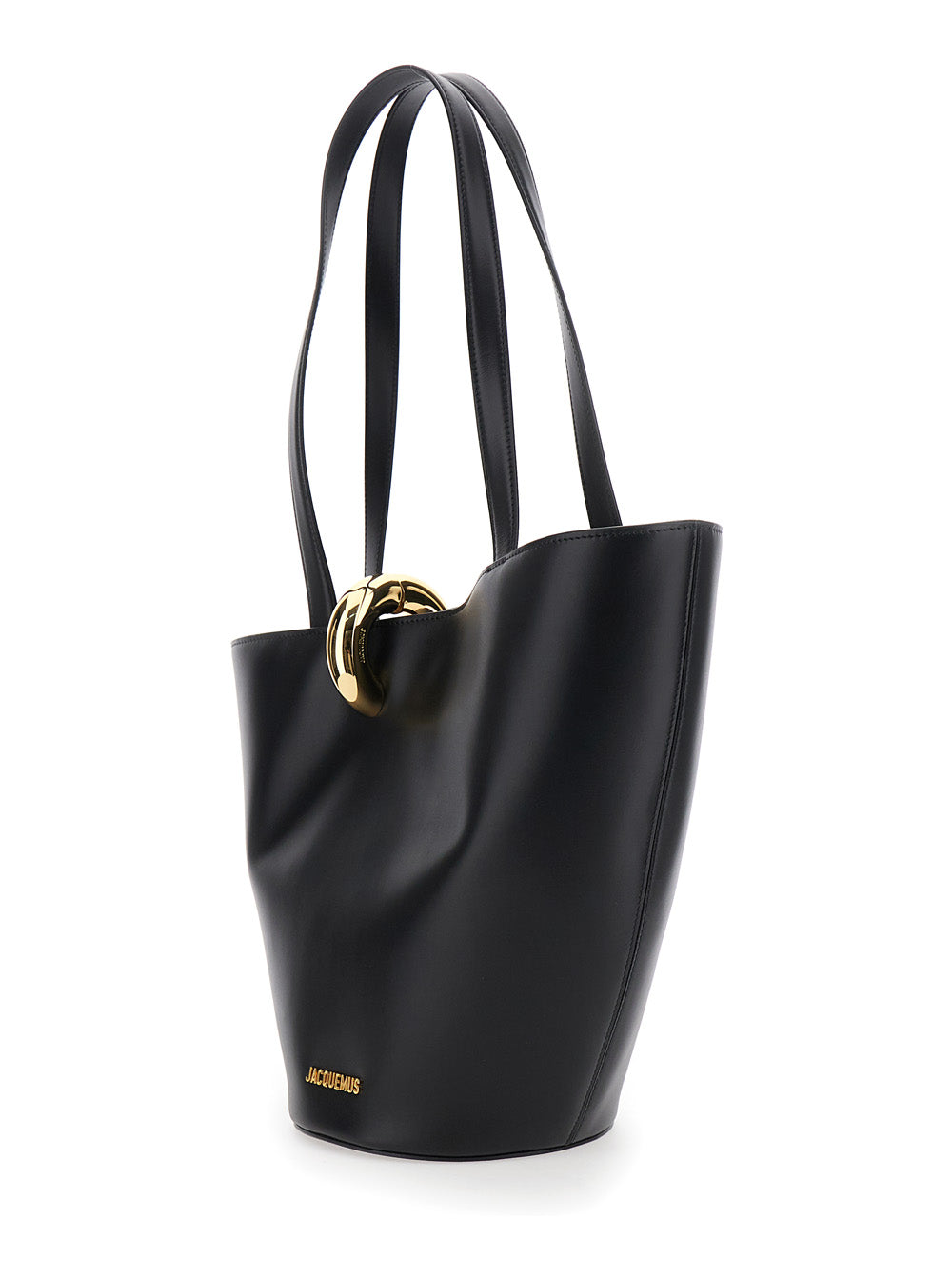 Jacquemus Women 'Le Bambola Moyen' Black Shoulder Bag With Front Metal Ring Closure And Embossed Logo Lettering On The Front In Leather Woman JACQUEMUS