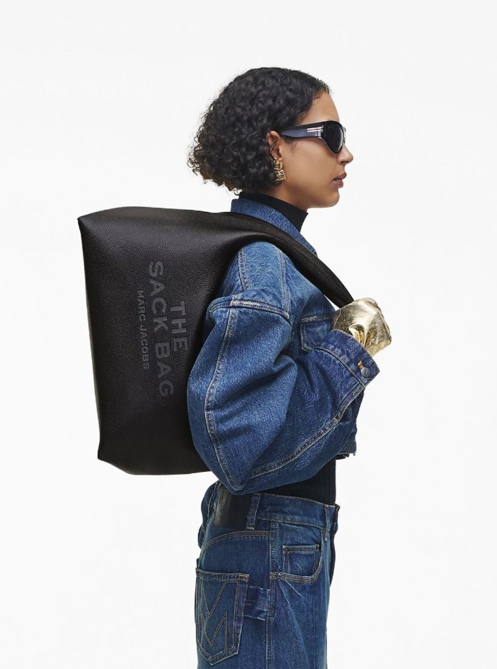 Marc Jacobs Women 'The Sack' Black Shoulder Bag With Embossed Logo In Hammered Leather Woman MARC JACOBS