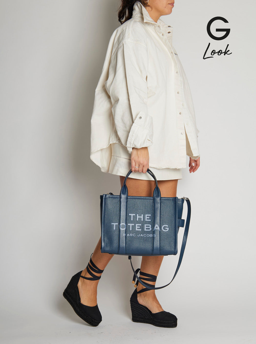 Marc Jacobs Women 'The Tote Bag Medium' Blue Bag With Logo Print On The Front In Hammered Leather Woman MARC JACOBS