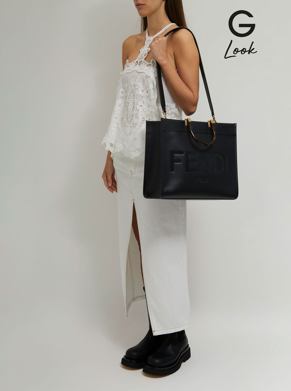 Fendi Women Handbag 'Sunshine' With Embossed Logo And Turtle Effect Handle In Black Leather For Women FENDI