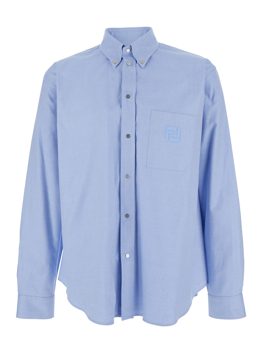 Fendi Men Light Blue Button-Down Collar Shirt With Ff Embroidery On Front In Cotton For Men FENDI