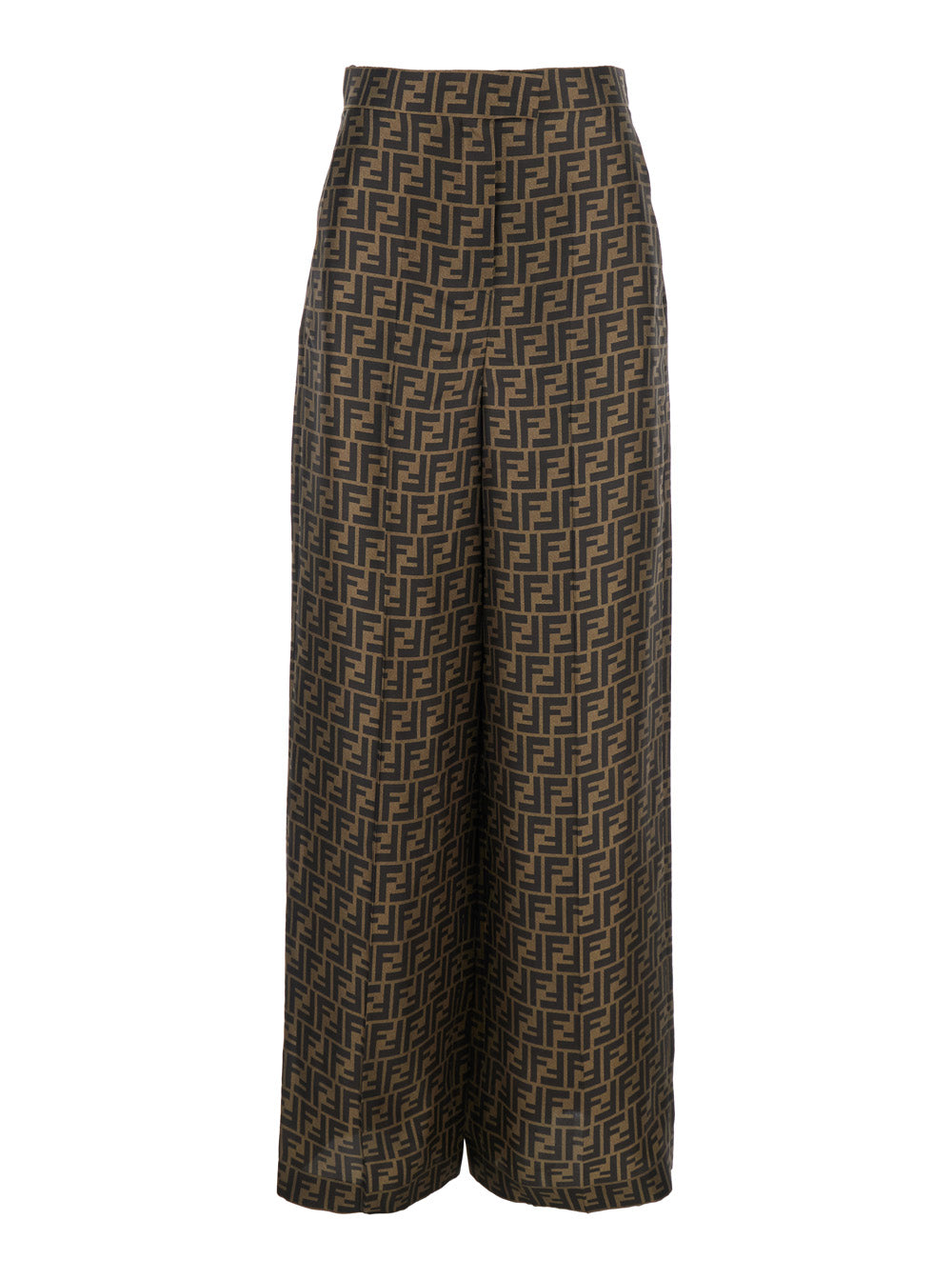 Fendi Women Brown Pants With Wide Leg And All-Over Ff Motif In Silk Woman FENDI