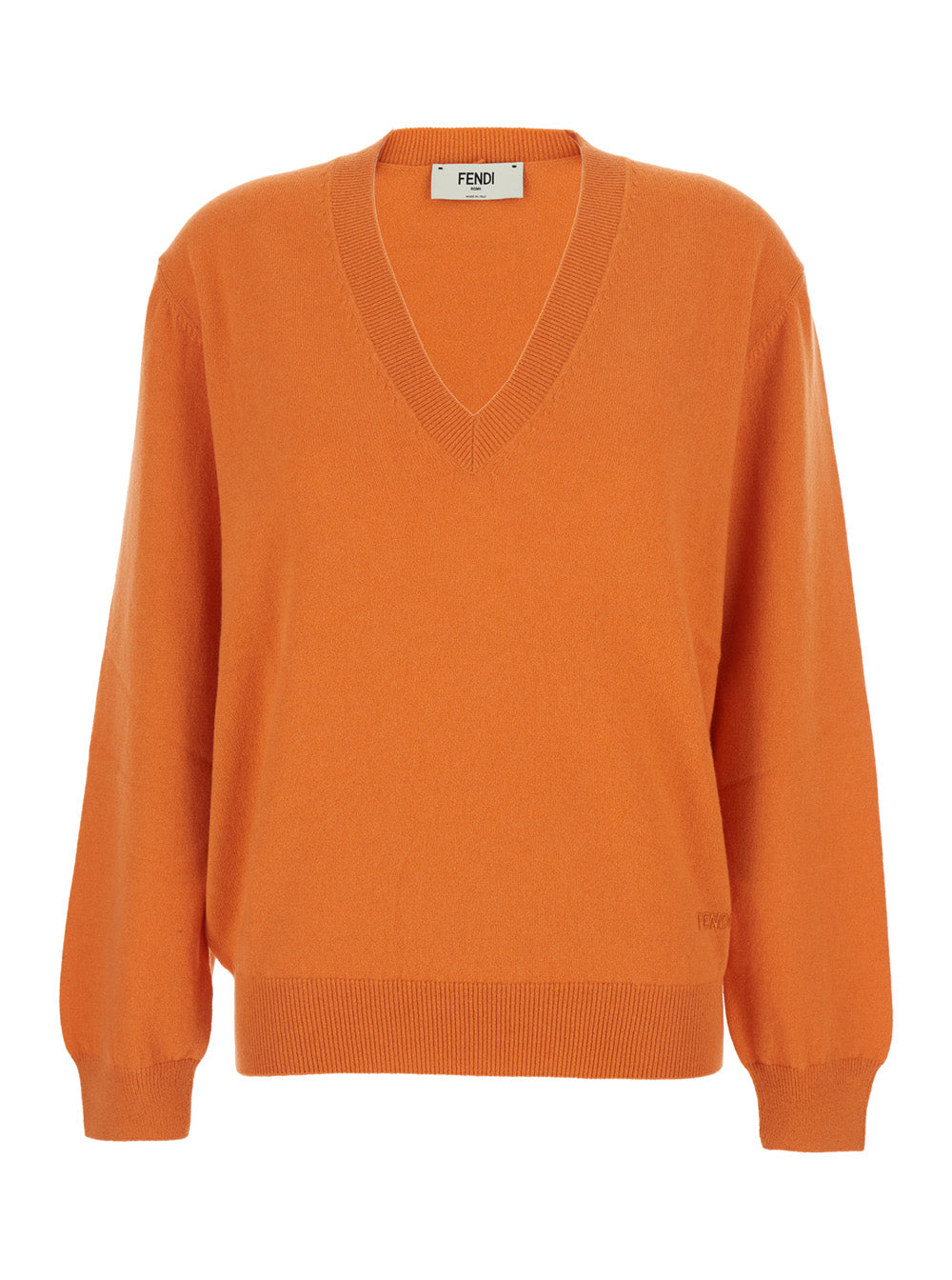 Fendi Women Orange Oversize Sweater With V Neck And Logo Lettering Embroidery On The Front In Cashmere Woman FENDI