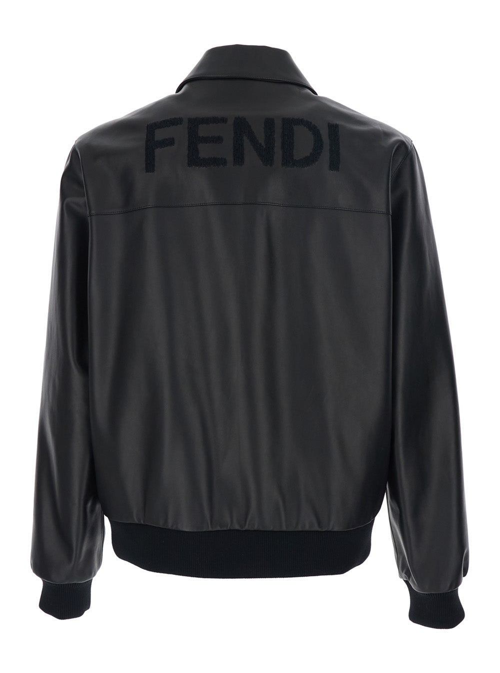 Fendi Men Black Jacket With Classic Collar And Logo Lettering On The Rear In Leather Man FENDI
