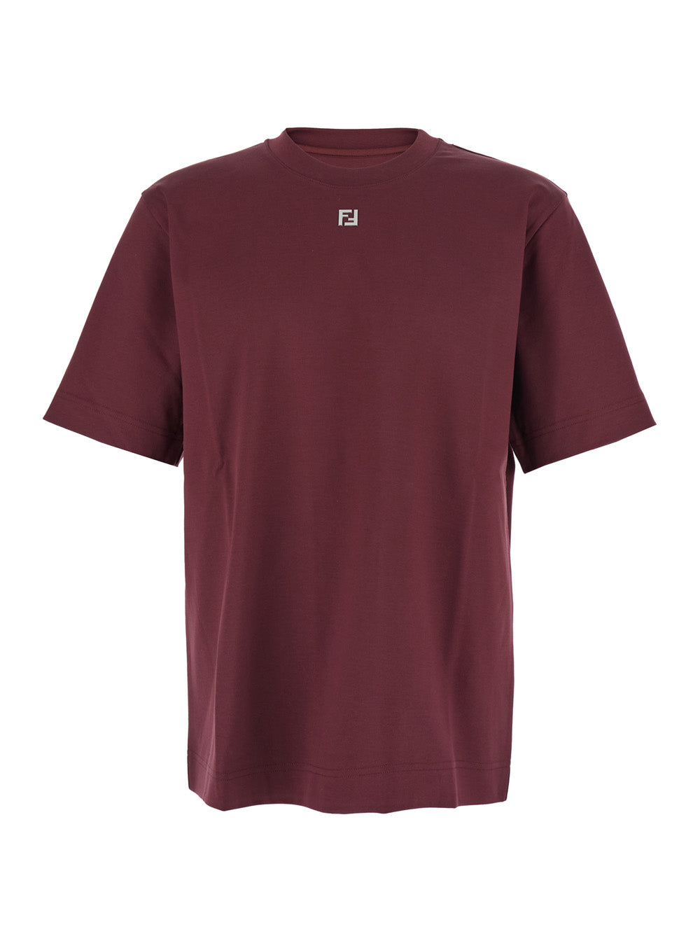 Fendi Men Bordeaux Crewneck T-Shirt With Ff Plaque On The Front In Cotton Man FENDI