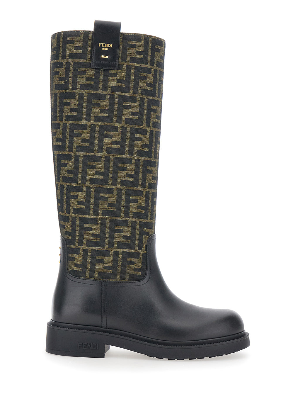 Fendi Women Black Boots With All-Over Ff Motif And Side Lettering Logo In Leather And Fabric Woman FENDI