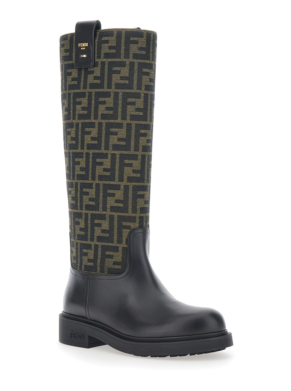 Fendi Women Black Boots With All-Over Ff Motif And Side Lettering Logo In Leather And Fabric Woman FENDI