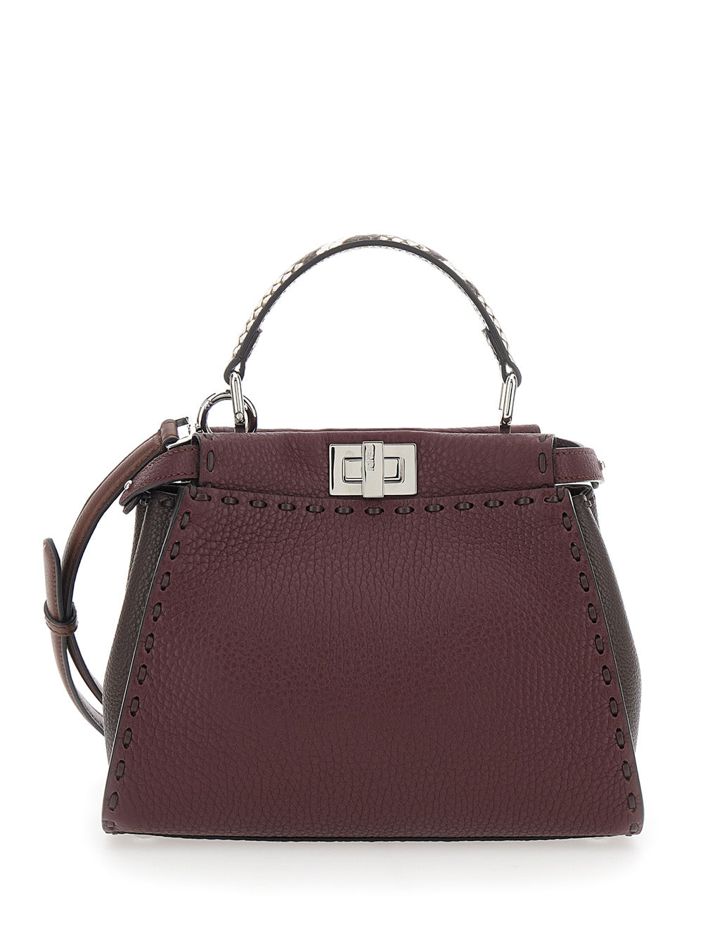 Fendi Women 'Peekaboo' Bordeaux Handbag With Snakeskin Handle And Turn-Lock Closure On Both Sides In Grained Leather Woman FENDI