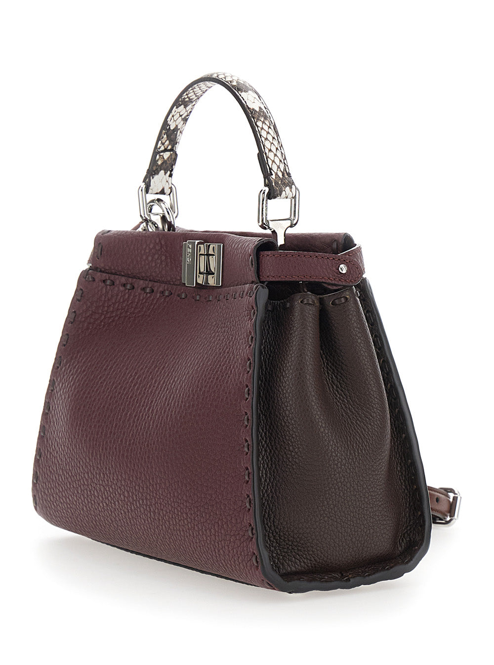 Fendi Women 'Peekaboo' Bordeaux Handbag With Snakeskin Handle And Turn-Lock Closure On Both Sides In Grained Leather Woman FENDI