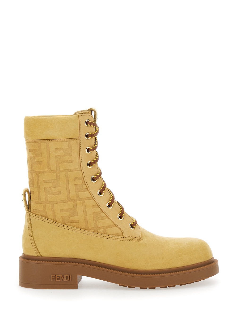 Fendi Women Yellow Combat Boots With Tone-On-Tone Ff Motif And Side Logo In Leather For Women FENDI