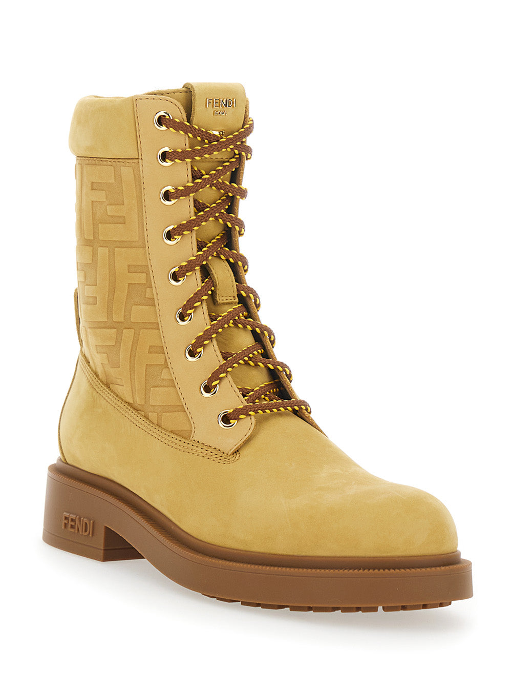 Fendi Women Yellow Combat Boots With Tone-On-Tone Ff Motif And Side Logo In Leather For Women FENDI