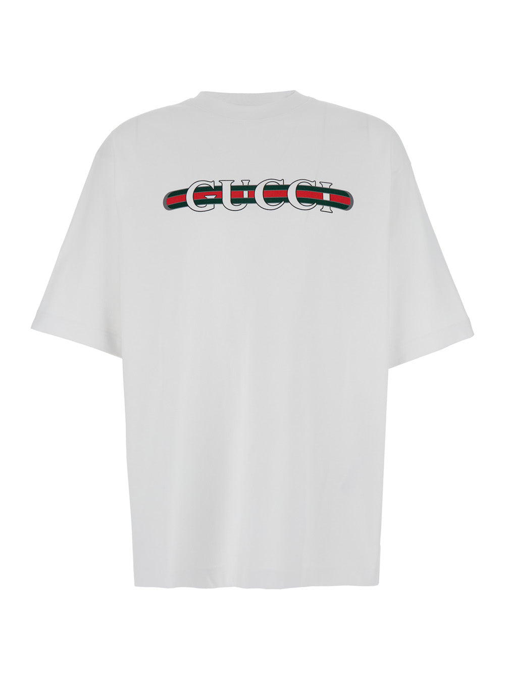 Gucci Men White Crew Neck T-Shirt With Gucci And Web Print In Cotton Man GUCCI