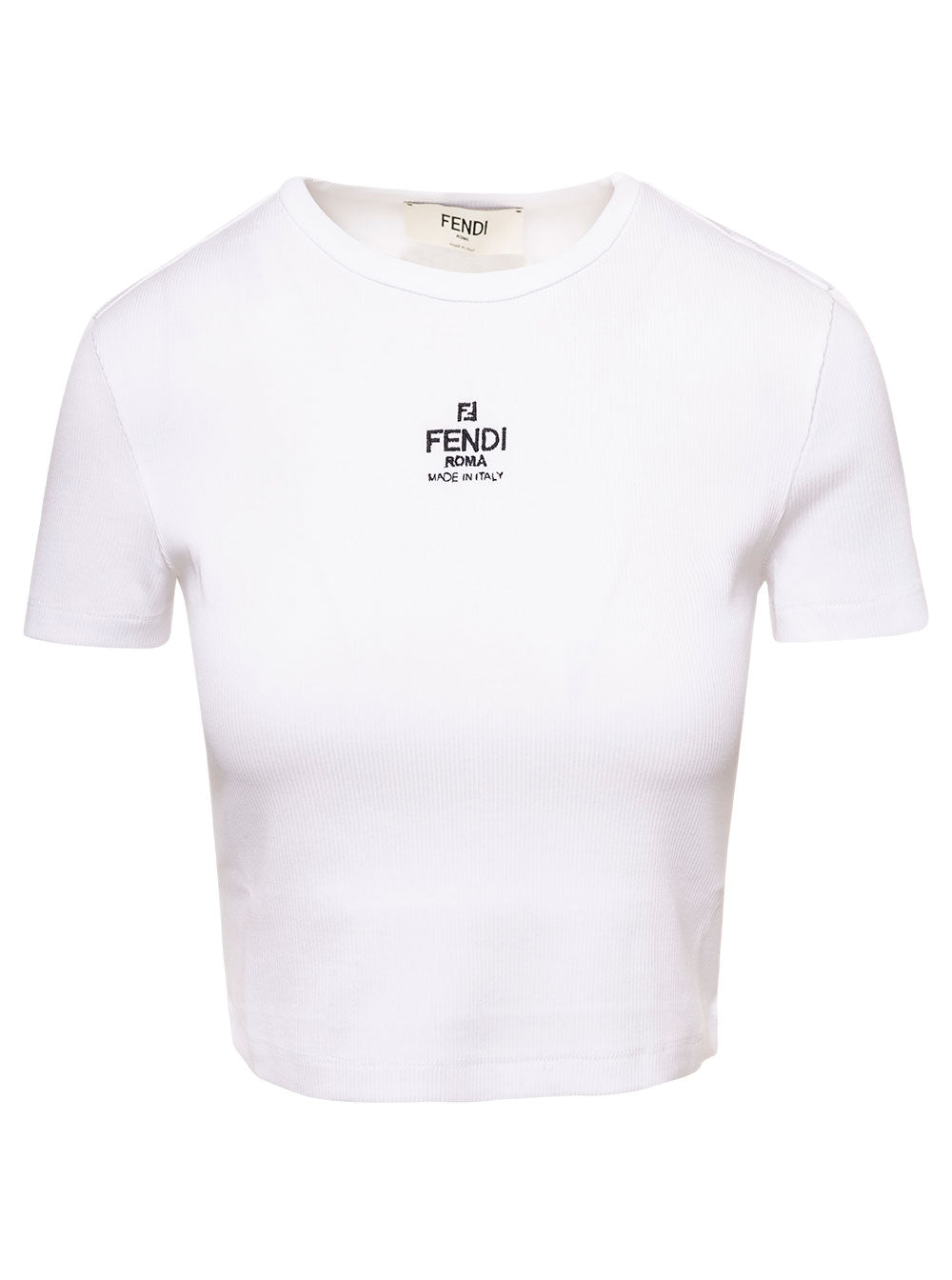 Fendi Women White Crop T-Shirt With Logo Embroidered In Stretch Cotton For Women FENDI