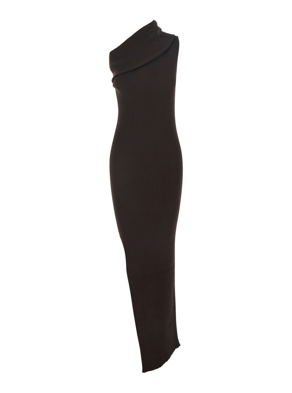 Rick Owens Women 'Athena' Brown Ribbed Knit Sleeveless Asymmetric Long Dress With Wide Neckline In Viscose Blend Woman RICK OWENS