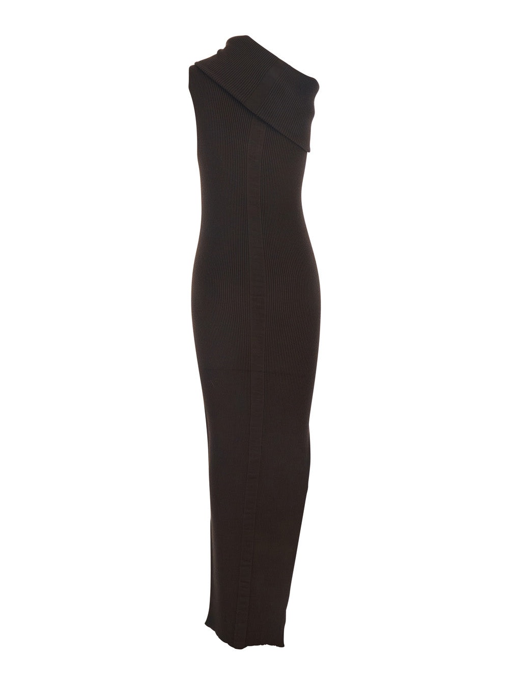 Rick Owens Women 'Athena' Brown Ribbed Knit Sleeveless Asymmetric Long Dress With Wide Neckline In Viscose Blend Woman RICK OWENS