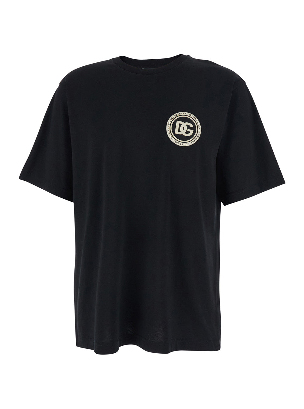 Dolce & Gabbana Men Black Crew Neck T-Shirt With Logo Embroidery On The Front In Cotton For Men DOLCE & GABBANA