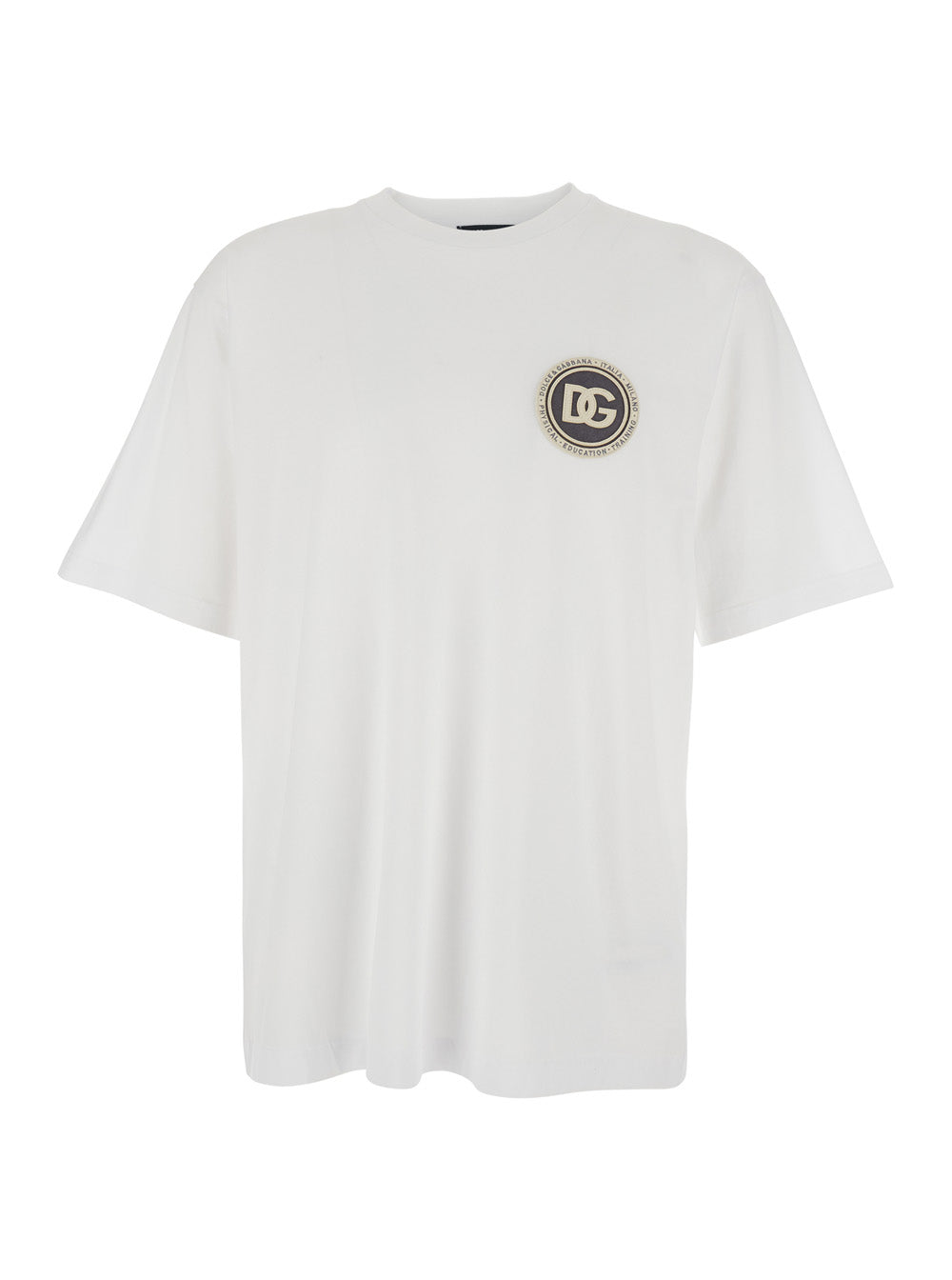Dolce & Gabbana Men White Crew Neck T-Shirt With Logo Embroidery On The Front In Cotton For Men DOLCE & GABBANA