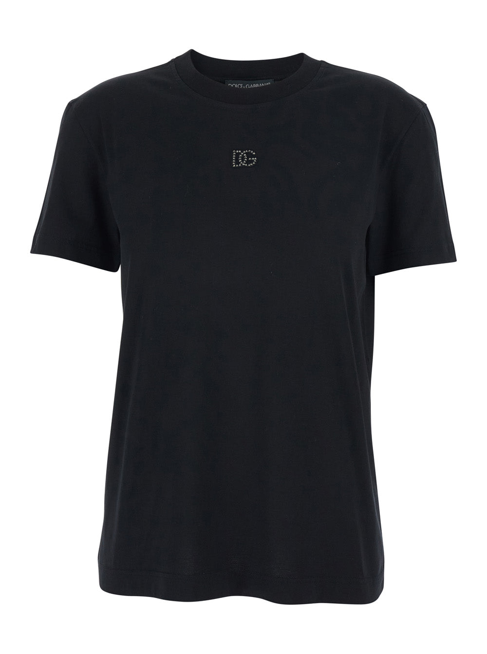 Dolce & Gabbana Women Black T-Shirt With Logo Embroidery And Beads On The Front In Cotton For Women DOLCE & GABBANA