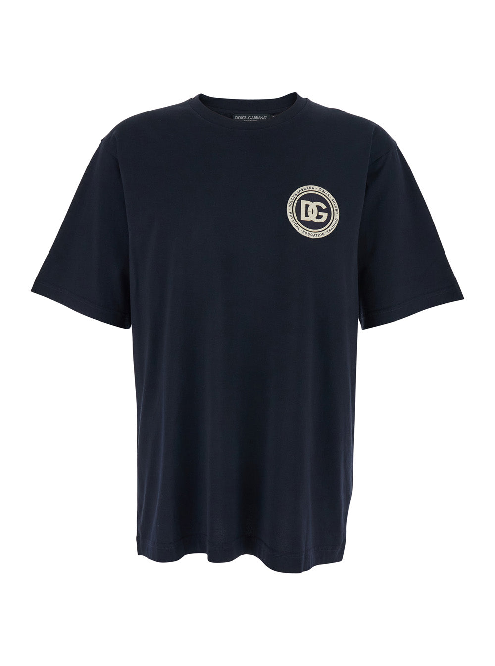 Dolce & Gabbana Men Blue Crewneck T-Shirt With Logo Embroidery On The Front In Cotton Man DOLCE & GABBANA