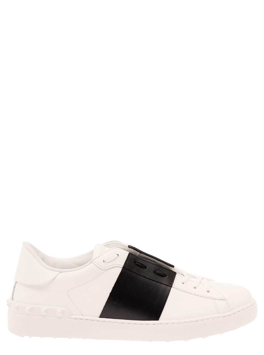 Valentino Garavani Men White 'Open' Low Sneakers With Contrast Band And Studs In Leather For Men VALENTINO GARAVANI