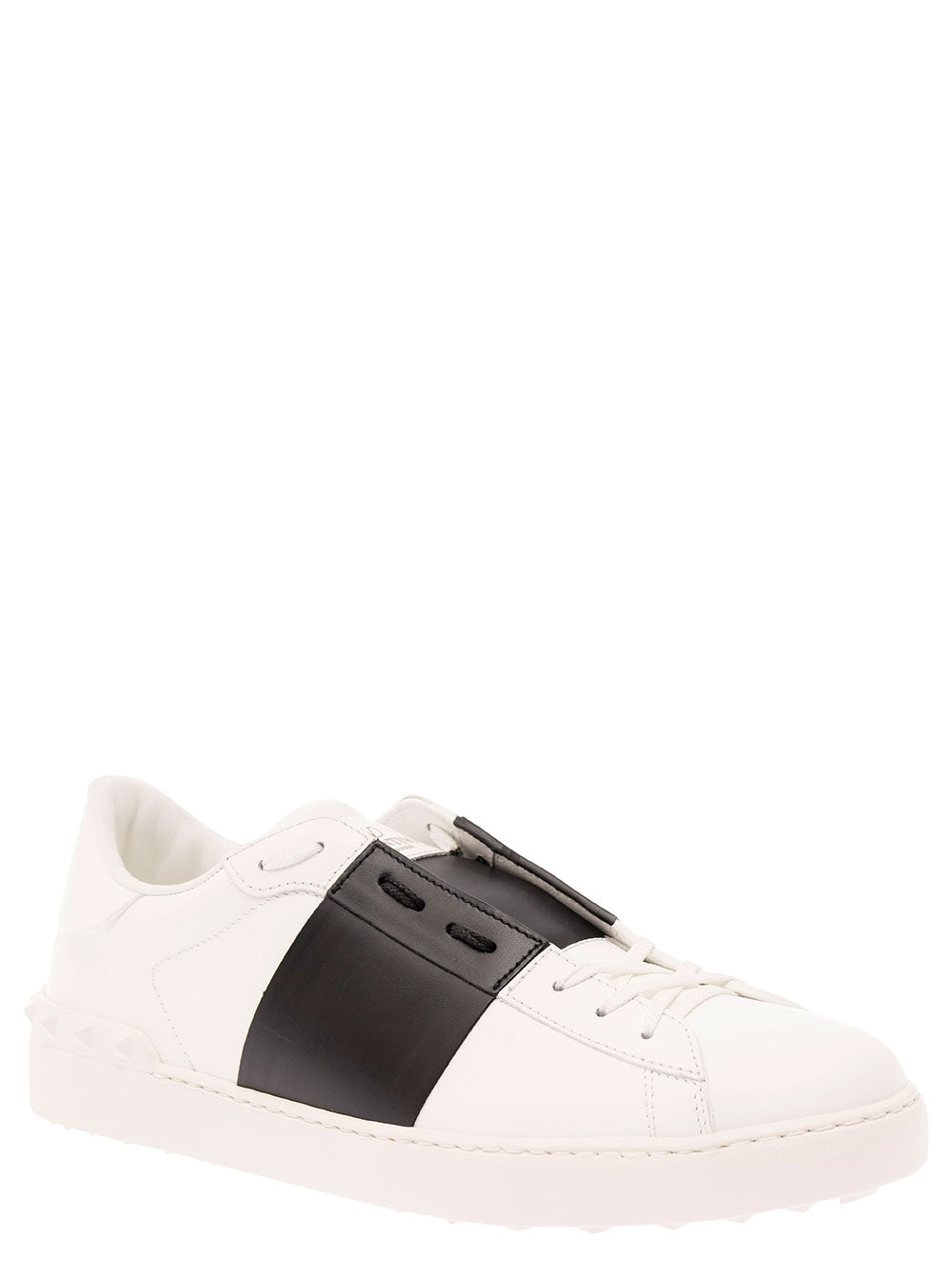 Valentino Garavani Men White 'Open' Low Sneakers With Contrast Band And Studs In Leather For Men VALENTINO GARAVANI