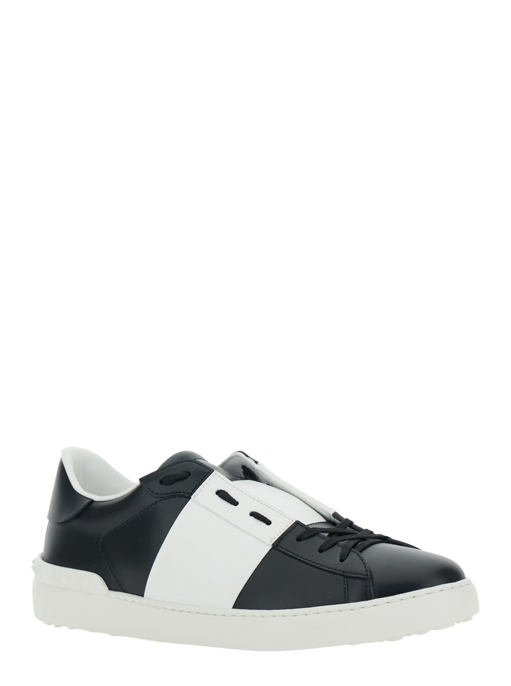 Valentino Garavani Men 'Open' White And Black Low Top Sneaker With Logo Patch On The Tongue In Leather Man VALENTINO GARAVANI