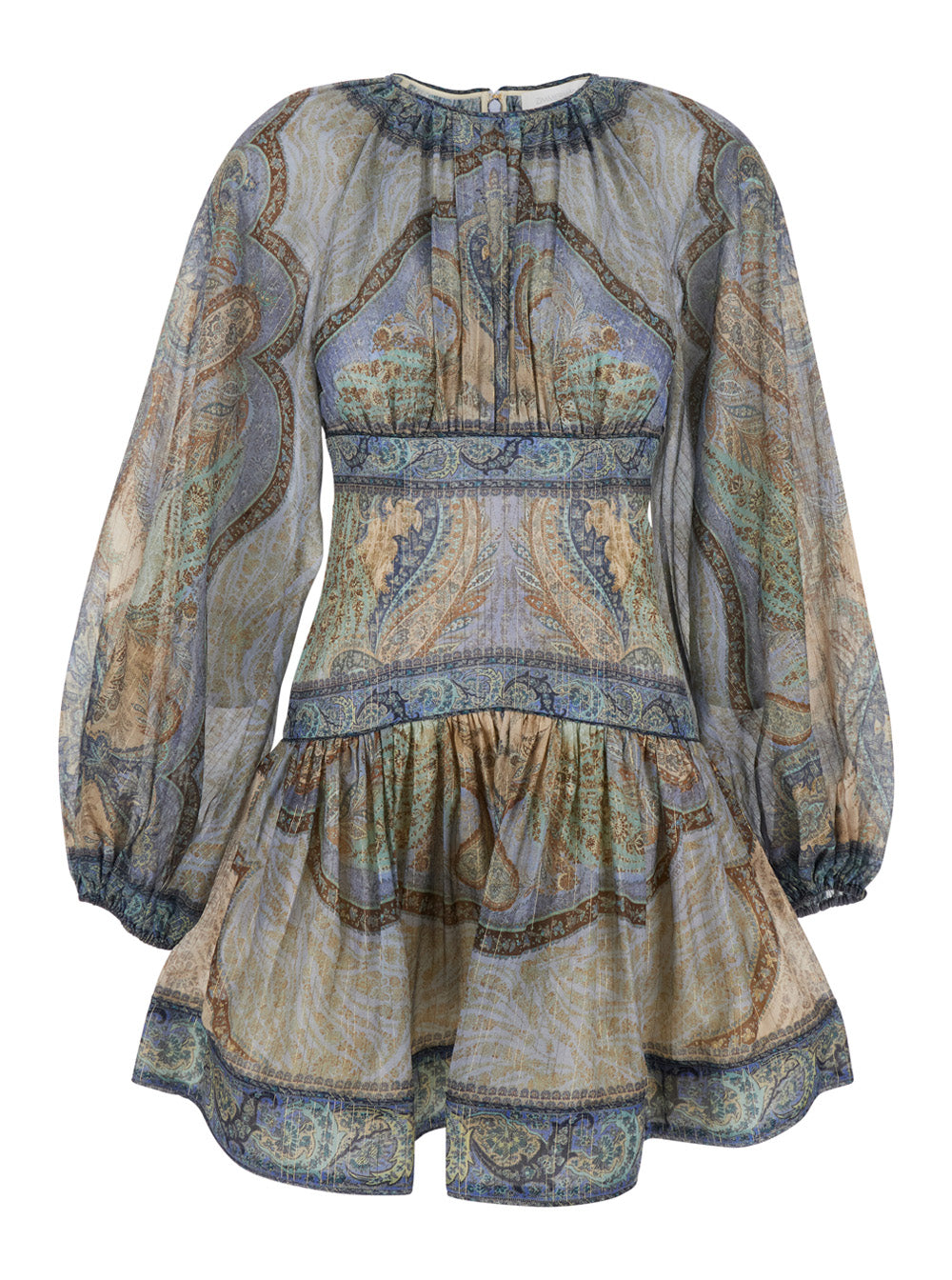 Zimmermann Women 'Wanderlust' Multicolor Crewneck Mini Dress With Puffed Long Sleeves And All-Over Print In Cotton And Silk Blend Woman ZIMMERMANN