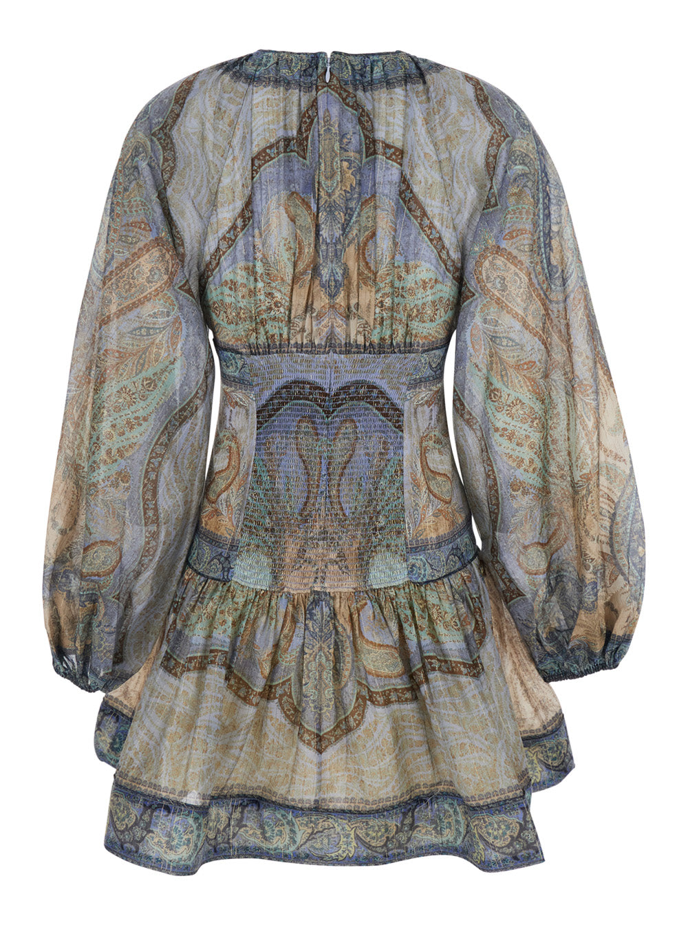 Zimmermann Women 'Wanderlust' Multicolor Crewneck Mini Dress With Puffed Long Sleeves And All-Over Print In Cotton And Silk Blend Woman ZIMMERMANN