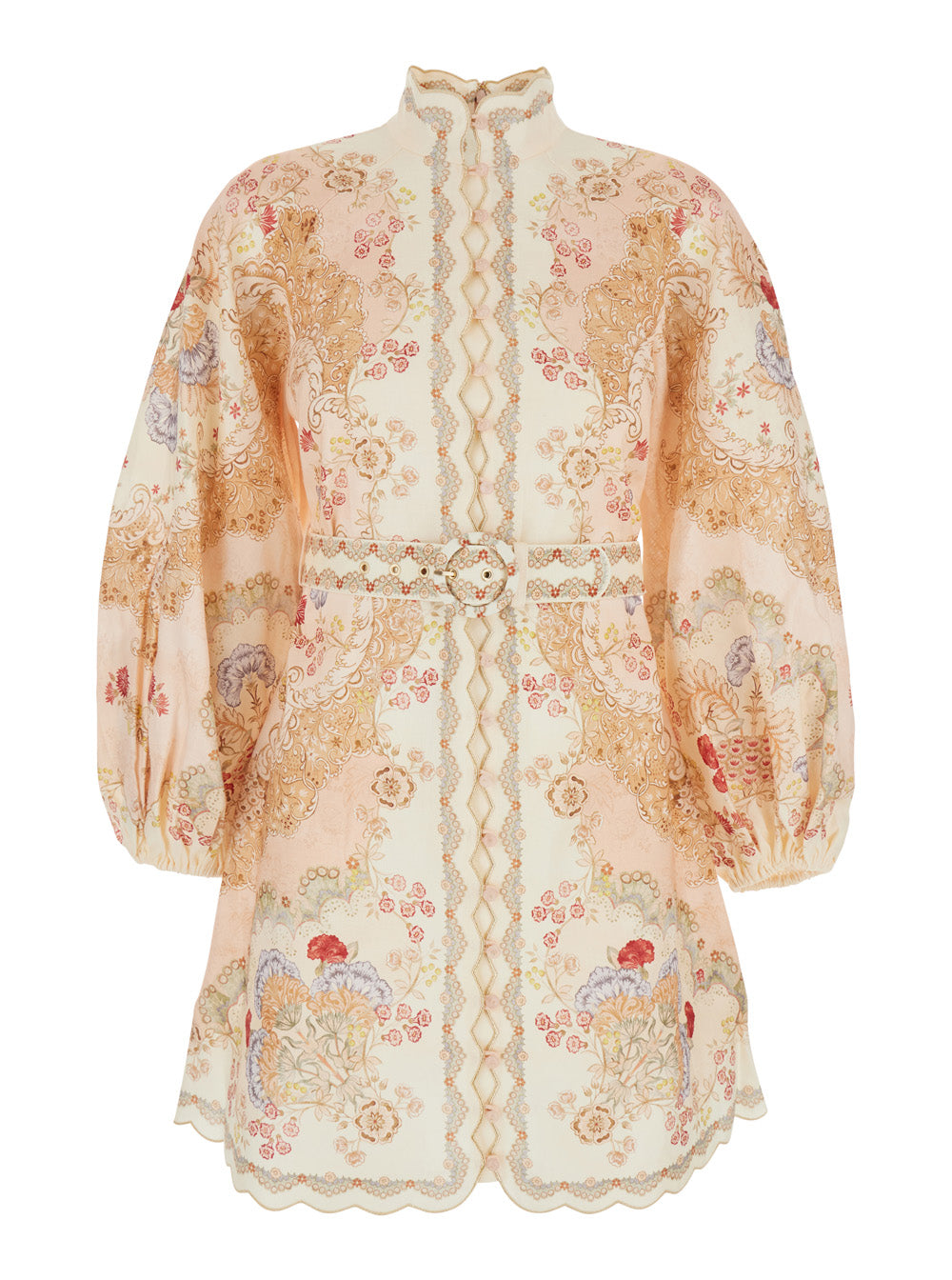 Zimmermann Women Midi Dress 'Daylight' With Front Belt And All-Over Floral Motif In Multicolor Linen For Women ZIMMERMANN