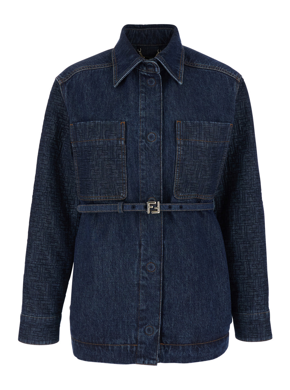 Fendi Women Blue Denim Jacket With Pointed Collar And Waist Belt With Ff Plate For Women FENDI