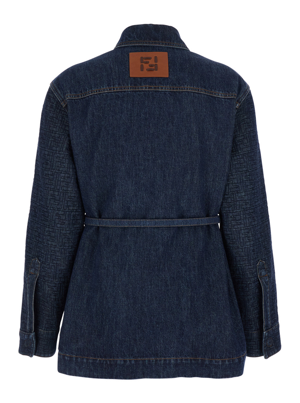 Fendi Women Blue Denim Jacket With Pointed Collar And Waist Belt With Ff Plate For Women FENDI