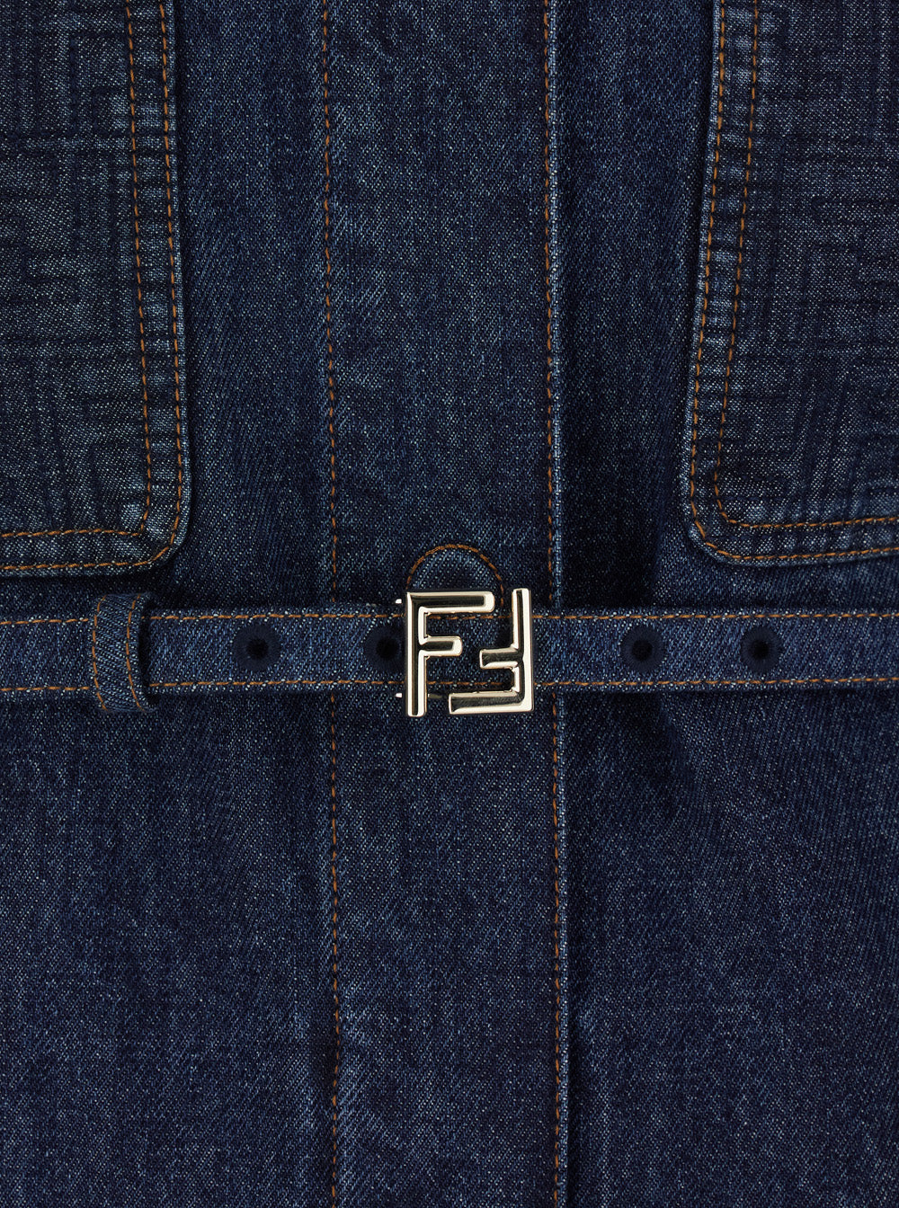 Fendi Women Blue Denim Jacket With Pointed Collar And Waist Belt With Ff Plate For Women FENDI