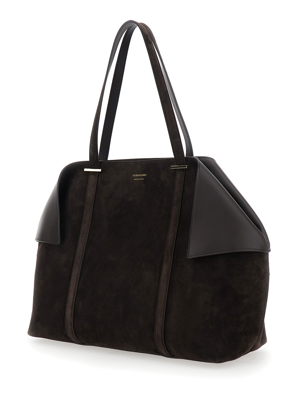 Ferragamo Women Brown Tote Bag With Folded Angles And Embossed Logo Lettering On The Front In Suede Woman FERRAGAMO