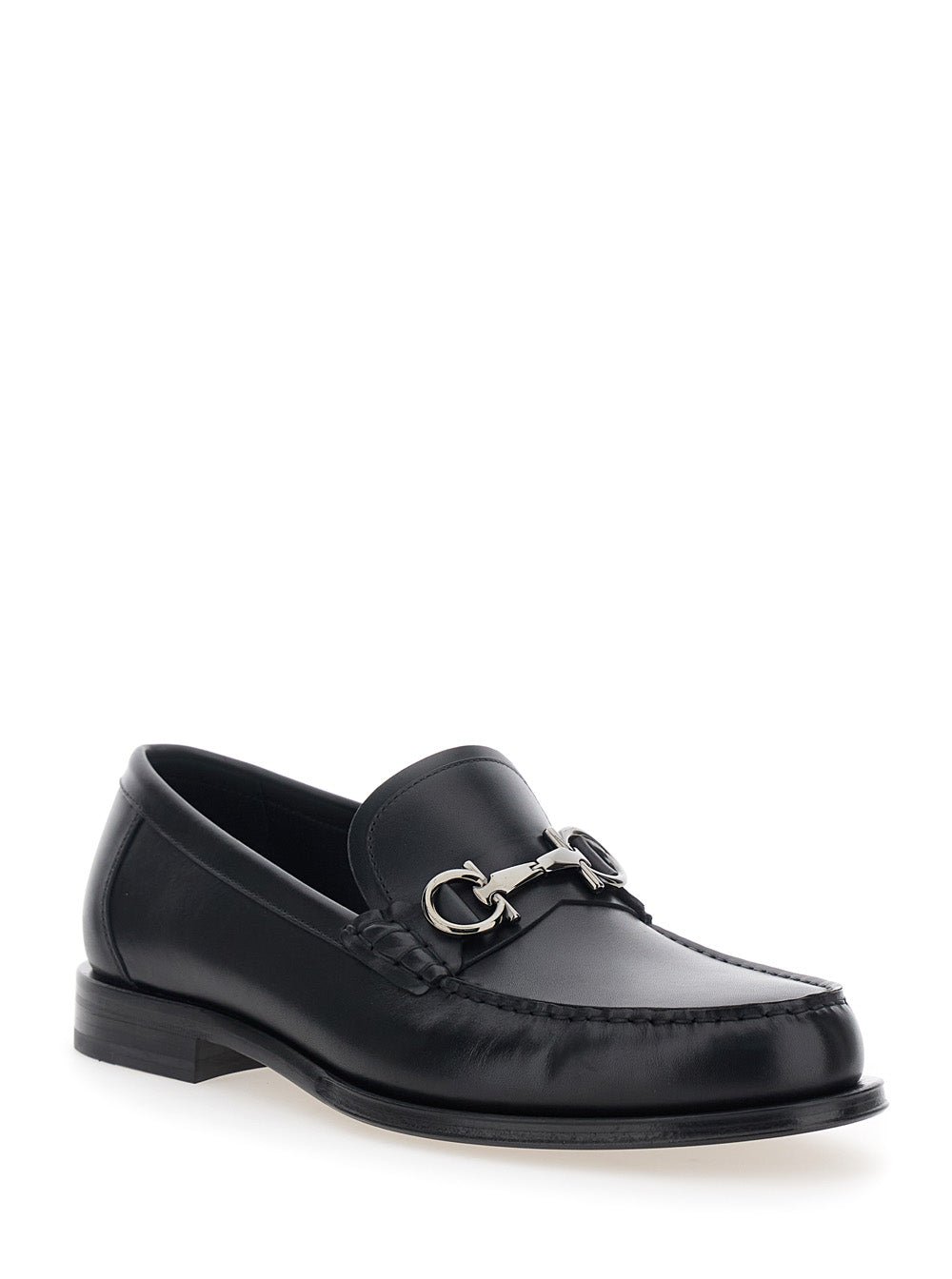 Ferragamo Men Black Loafers With Gancini Metal Detail On The Front In Leather Man FERRAGAMO