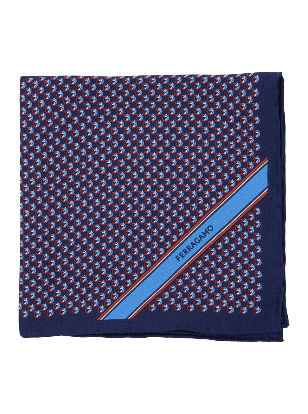 Ferragamo Men Blue Pocket Square With Gancini Print And Logo Lettering In Silk Man FERRAGAMO