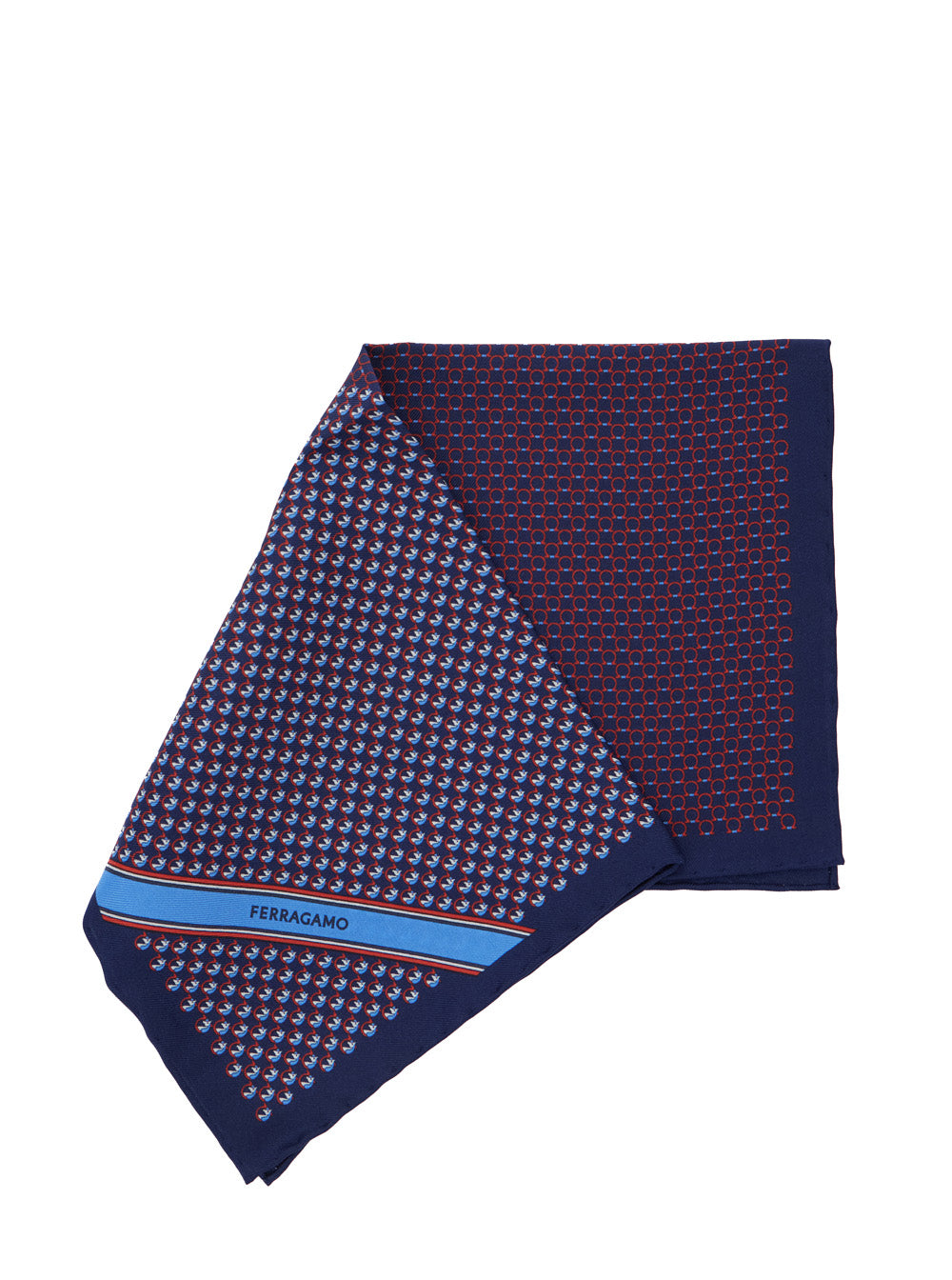 Ferragamo Men Blue Pocket Square With Gancini Print And Logo Lettering In Silk Man FERRAGAMO