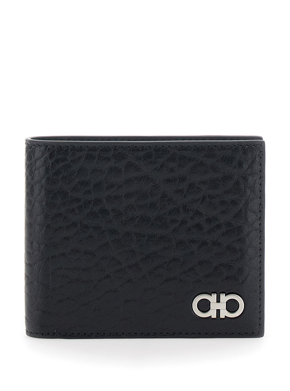 Ferragamo Men 'Revival' Black Wallet With Gancini Buckle On The Front In Hammered Leather Man FERRAGAMO