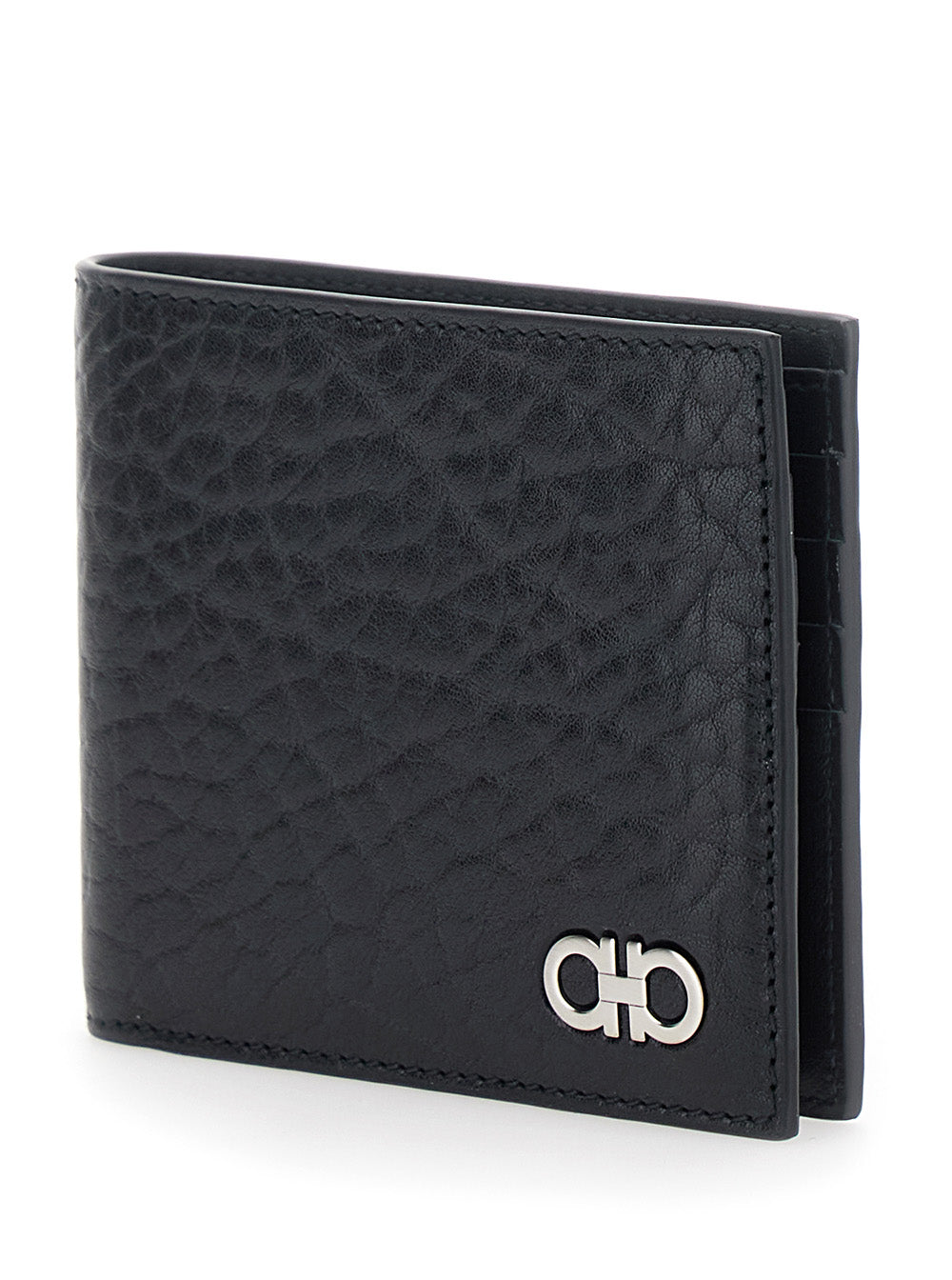 Ferragamo Men 'Revival' Black Wallet With Gancini Buckle On The Front In Hammered Leather Man FERRAGAMO